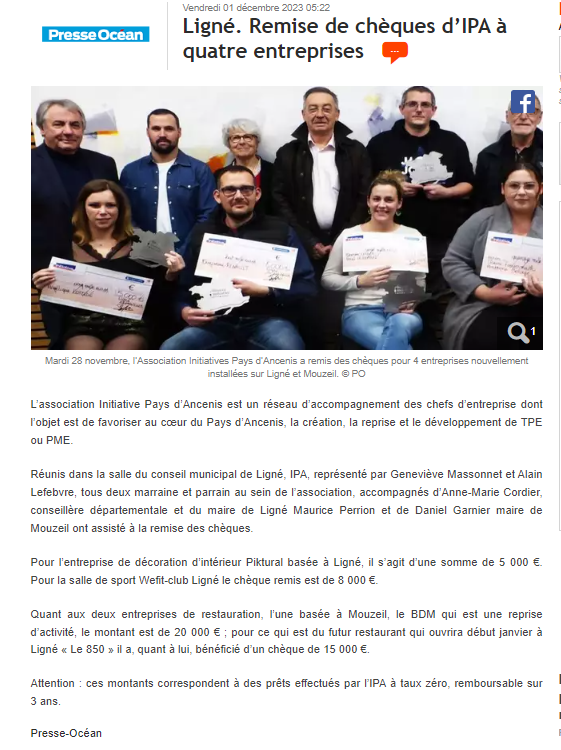 article presse océan 01 12 2023 remise chèques IPA